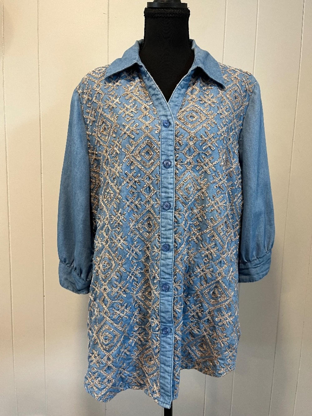 bua bua Geometric Embroidered Chambray Denim Button Down Shirt Tunic sz XL